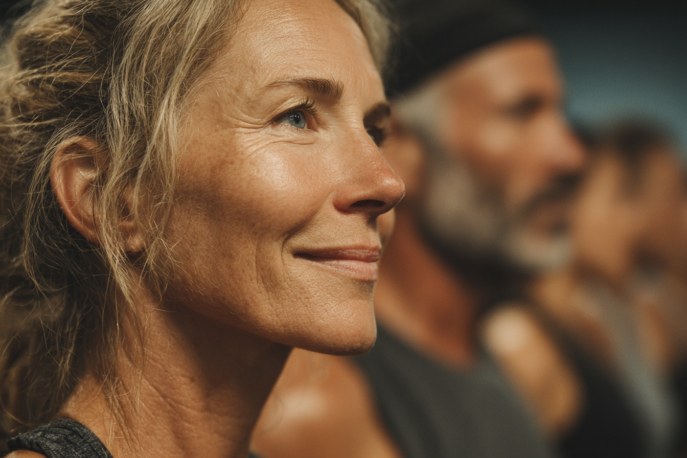 Adultos mayores realizando ejercicio en grupo, sonriendo y disfrutando de una clase de fitness especializada