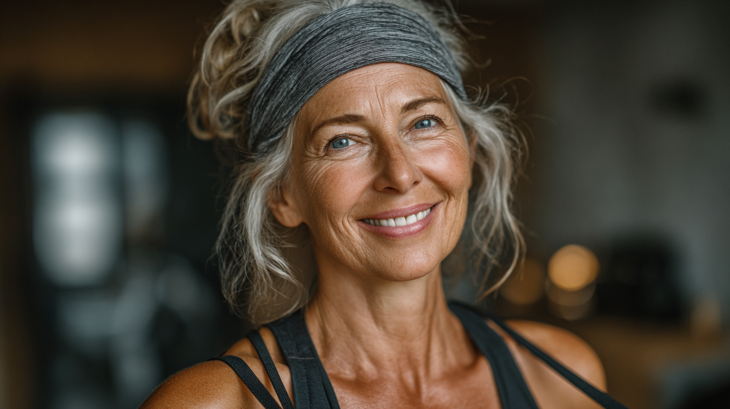 Mujer mayor de 60 años sonriendo después de una sesión de ejercicio, mostrando vitalidad y energía renovada